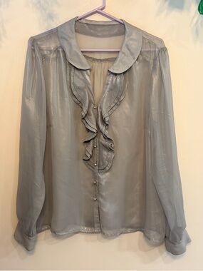 VINTAGE Style Sheer Ruffle-Front Blouse in Light Silver